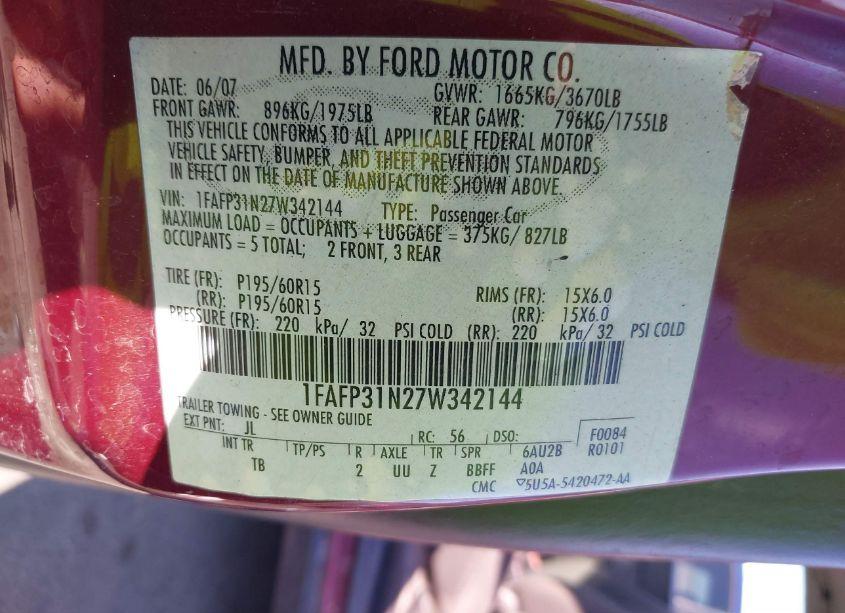 Photo 9 of 2007 Ford Focus S/SE/SES (VIN 1FAFP31N27W342144)