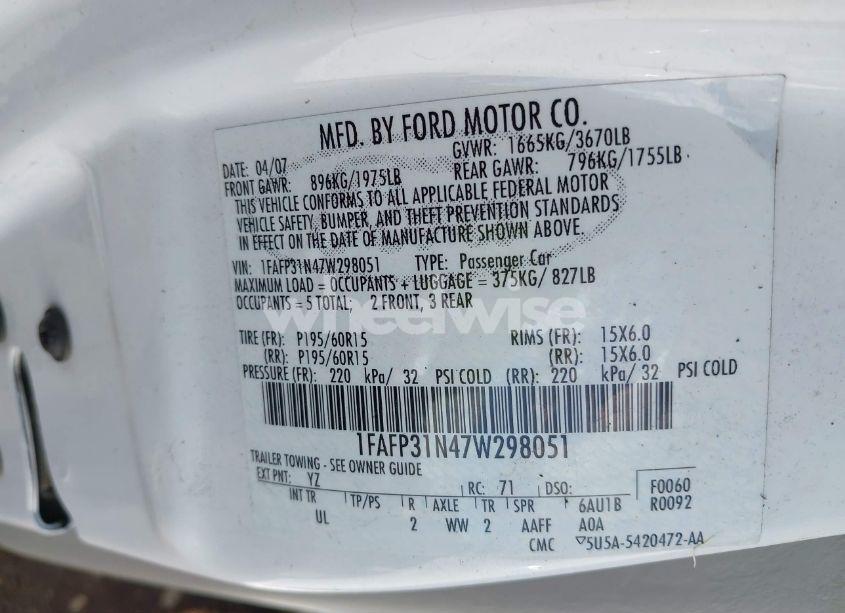 Photo 9 of 2007 Ford Focus S/SE/SES (VIN 1FAFP31N47W298051)