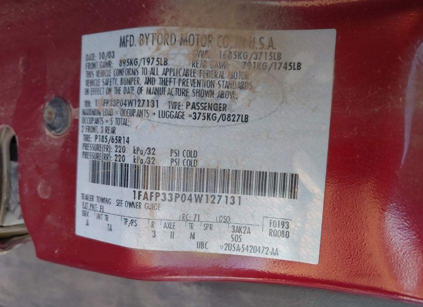 Photo 9 of 2004 Ford Focus LX (VIN 1FAFP33P04W127131)