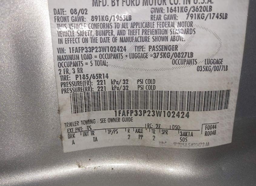 Photo 9 of 2003 Ford Focus LX (VIN 1FAFP33P23W102424)