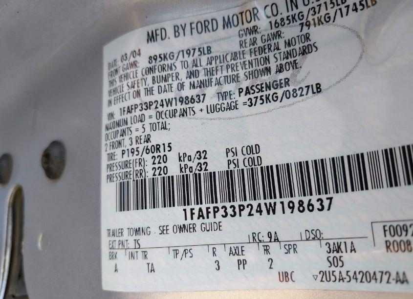 Photo 9 of 2004 Ford Focus LX (VIN 1FAFP33P24W198637)