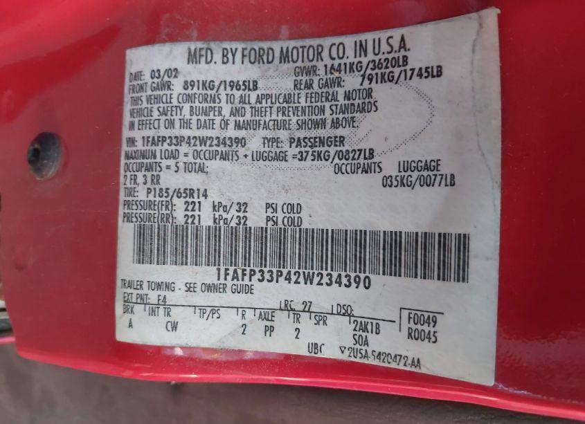 Photo 9 of 2002 Ford Focus LX (VIN 1FAFP33P42W234390)