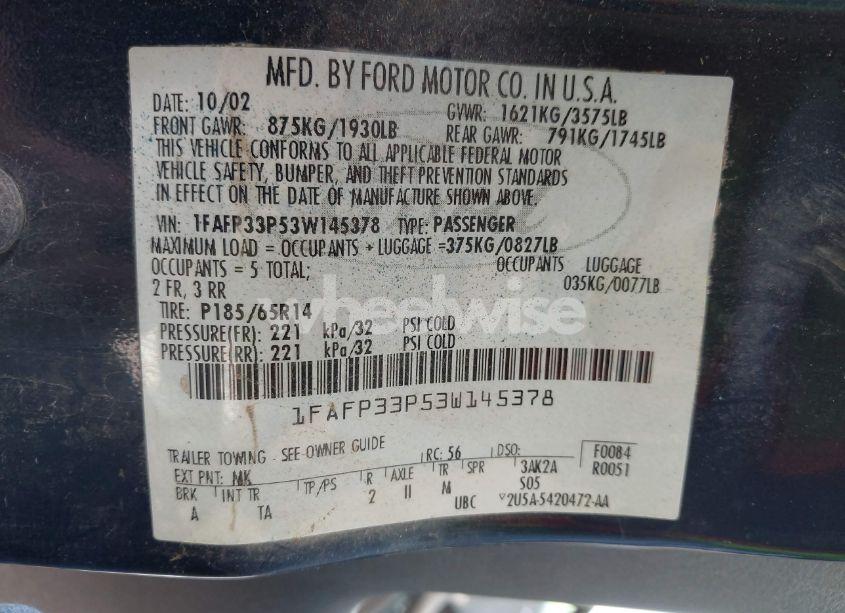 Photo 9 of 2003 Ford Focus LX (VIN 1FAFP33P53W145378)