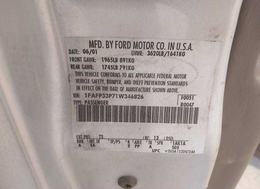 Photo 9 of 2001 Ford Focus LX (VIN 1FAFP33P71W346826)