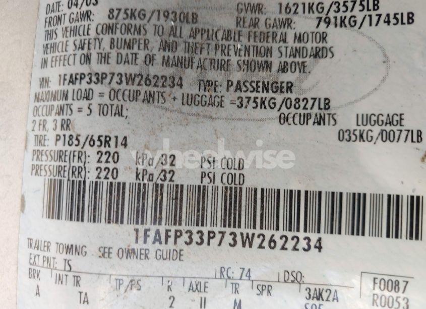 Photo 9 of 2003 Ford Focus LX (VIN 1FAFP33P73W262234)