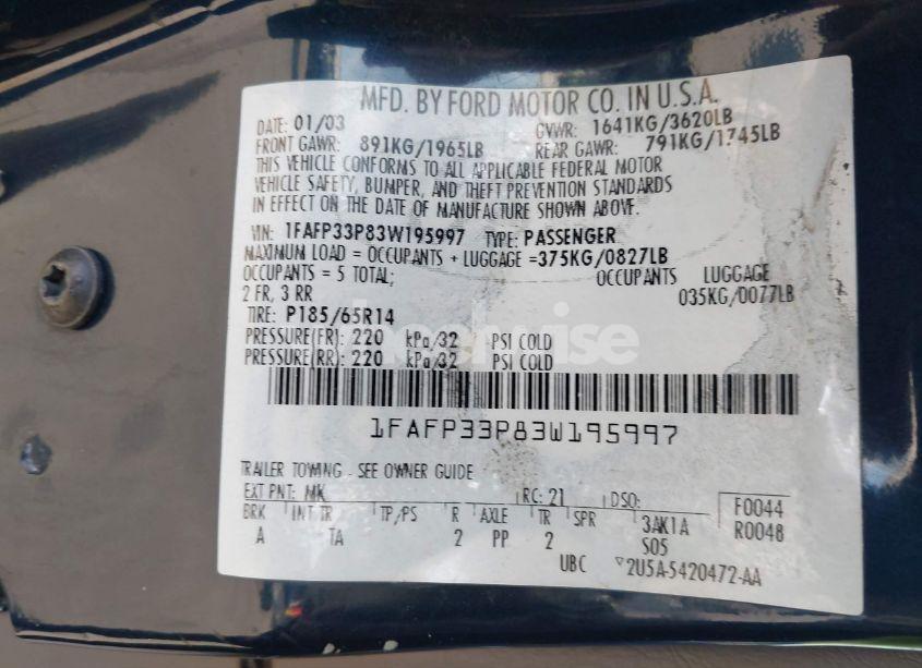 Photo 9 of 2003 Ford Focus LX (VIN 1FAFP33P83W195997)