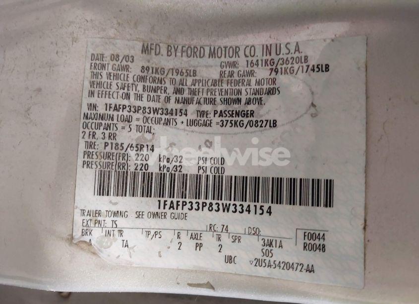 Photo 9 of 2003 Ford Focus LX (VIN 1FAFP33P83W334154)