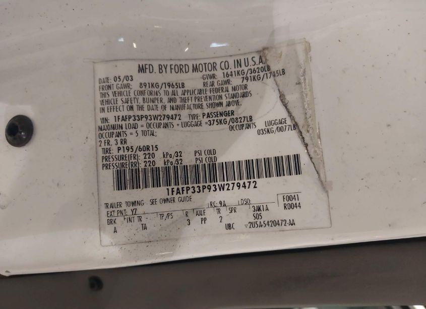 Photo 9 of 2003 Ford Focus LX (VIN 1FAFP33P93W279472)