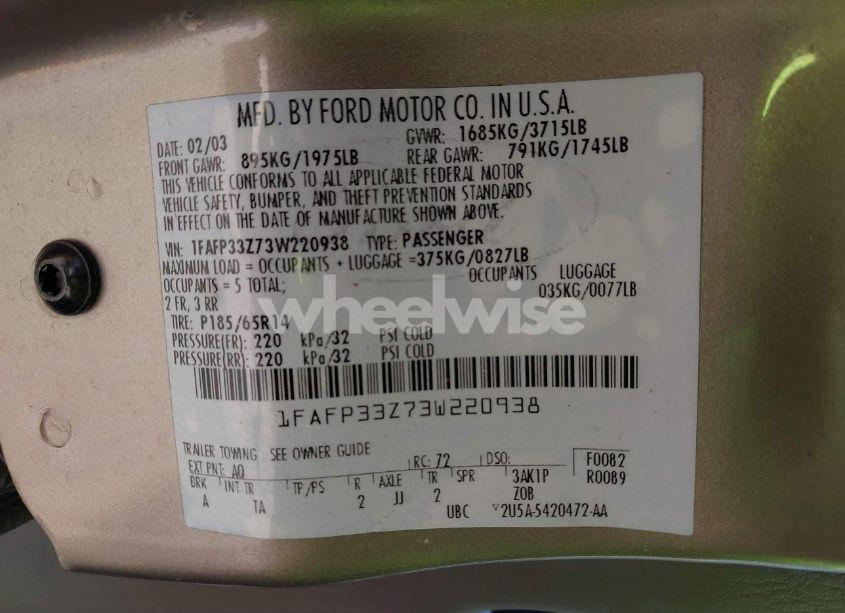 Photo 9 of 2003 Ford Focus LX (VIN 1FAFP33Z73W220938)