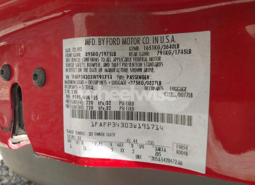 Photo 9 of 2003 Ford Focus SE (VIN 1FAFP34303W191714)