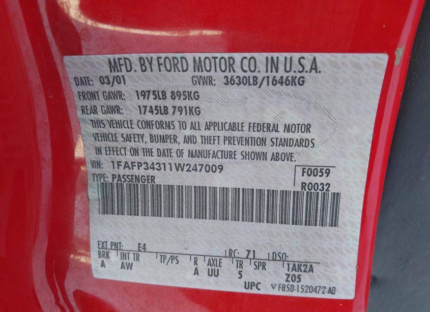 Photo 9 of 2001 Ford Focus SE (VIN 1FAFP34311W247009)