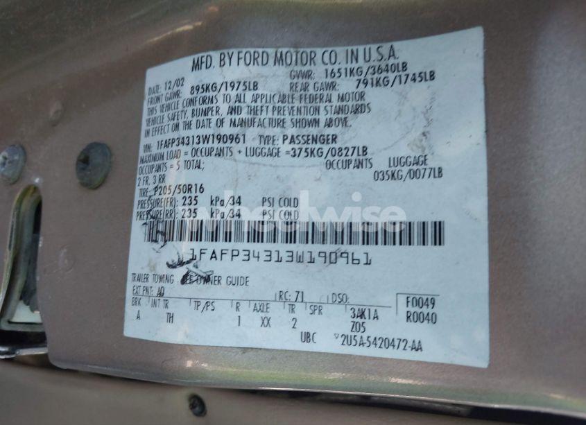 Photo 9 of 2003 Ford Focus SE (VIN 1FAFP34313W190961)