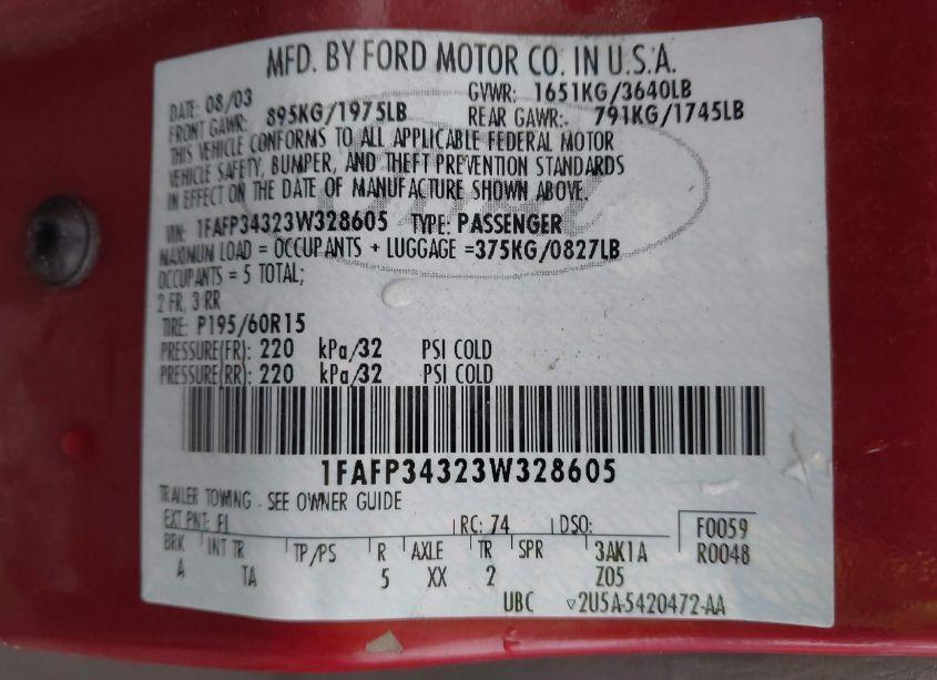 Photo 9 of 2003 Ford Focus SE (VIN 1FAFP34323W328605)