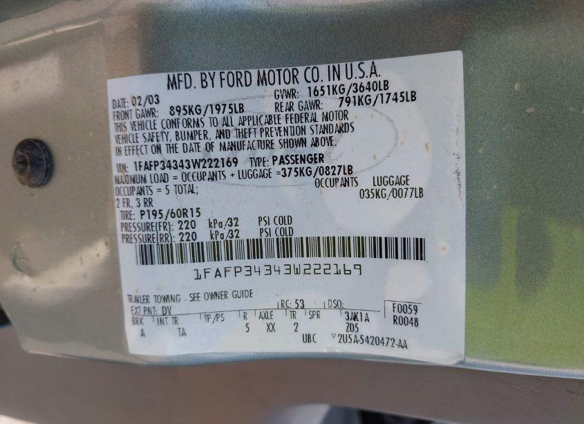 Photo 9 of 2003 Ford Focus SE (VIN 1FAFP34343W222169)