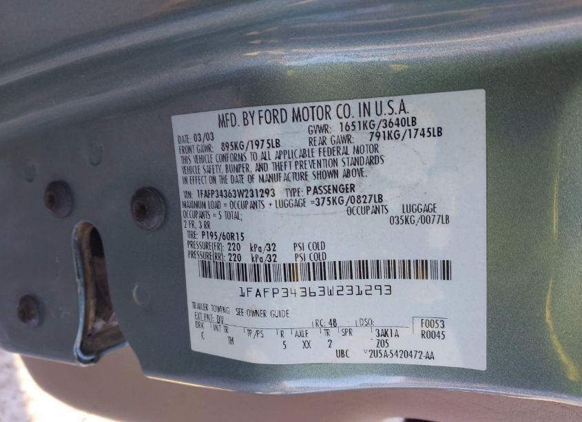 Photo 9 of 2003 Ford Focus SE (VIN 1FAFP34363W231293)