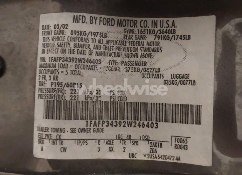 Photo 9 of 2002 Ford Focus SE (VIN 1FAFP34392W246403)