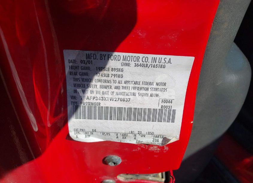 Photo 9 of 2001 Ford Focus SE (VIN 1FAFP343X1W270837)