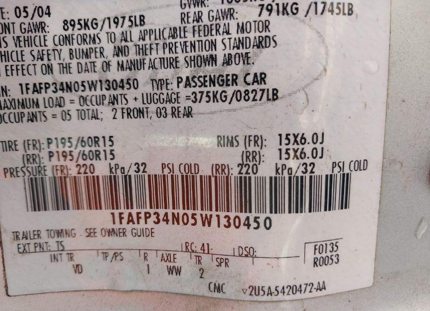 Photo 9 of 2005 Ford Focus ZX4 (VIN 1FAFP34N05W130450)