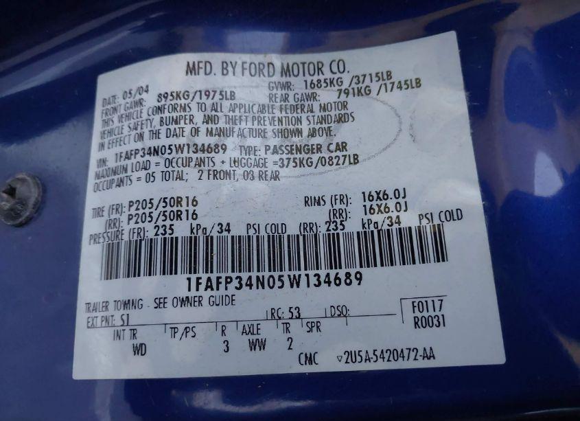 Photo 9 of 2005 Ford Focus ZX4 (VIN 1FAFP34N05W134689)