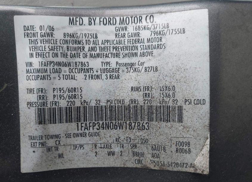 Photo 9 of 2006 Ford Focus ZX4 (VIN 1FAFP34N06W187863)