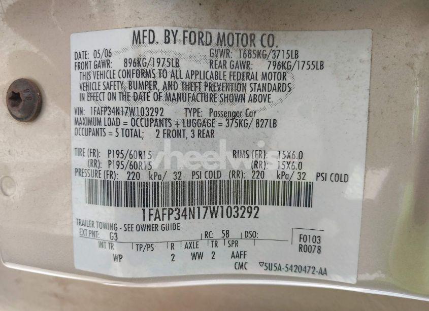 Photo 9 of 2007 Ford Focus S/SE/SES (VIN 1FAFP34N17W103292)