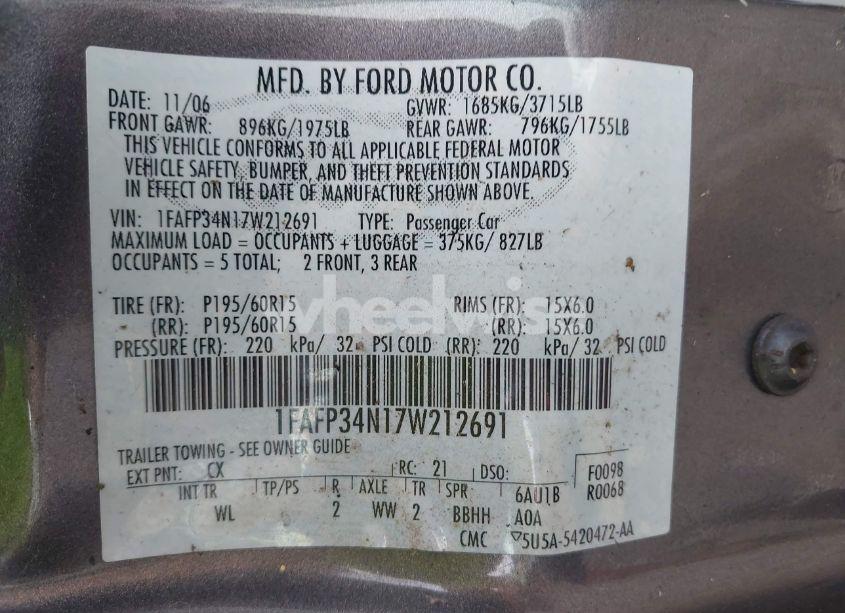 Photo 9 of 2007 Ford Focus S/SE/SES (VIN 1FAFP34N17W212691)