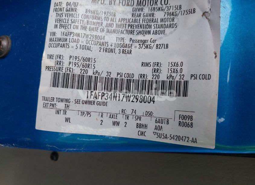 Photo 9 of 2007 Ford Focus S/SE/SES (VIN 1FAFP34N17W298004)