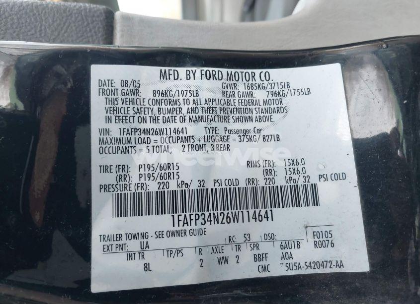 Photo 9 of 2006 Ford Focus ZX4 (VIN 1FAFP34N26W114641)