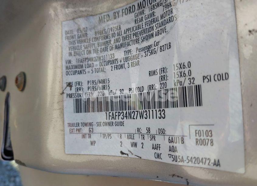 Photo 9 of 2007 Ford Focus S/SE/SES (VIN 1FAFP34N27W311133)