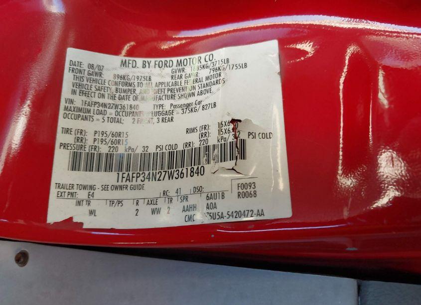 Photo 9 of 2007 Ford Focus S/SE/SES (VIN 1FAFP34N27W361840)