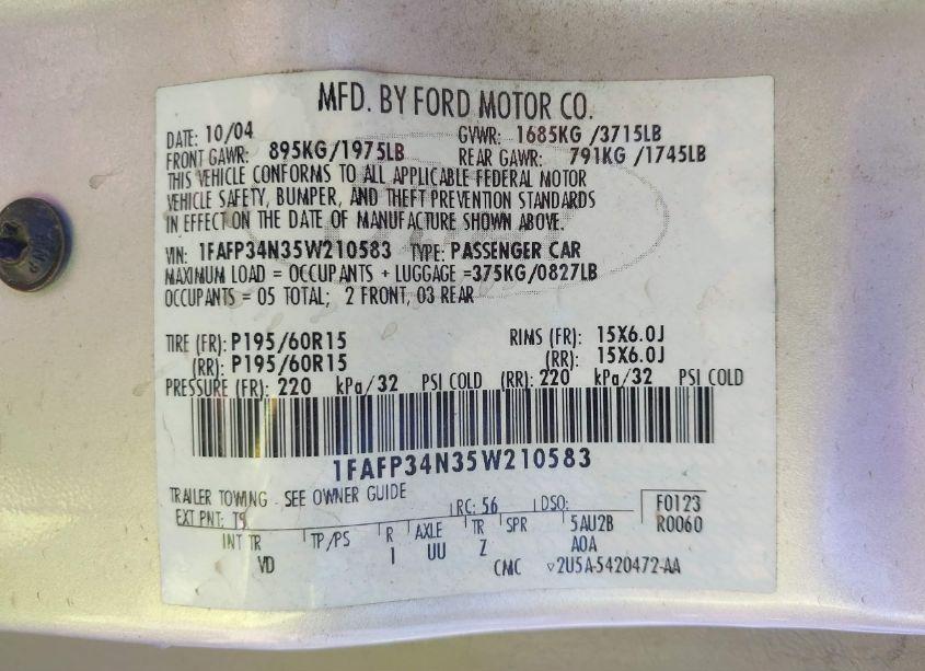 Photo 9 of 2005 Ford Focus ZX4 (VIN 1FAFP34N35W210583)