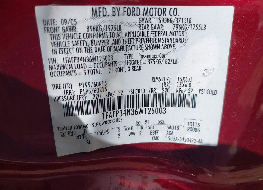 Photo 9 of 2006 Ford Focus ZX4 (VIN 1FAFP34N36W125003)