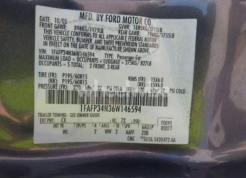 Photo 9 of 2006 Ford Focus ZX4 (VIN 1FAFP34N36W146594)