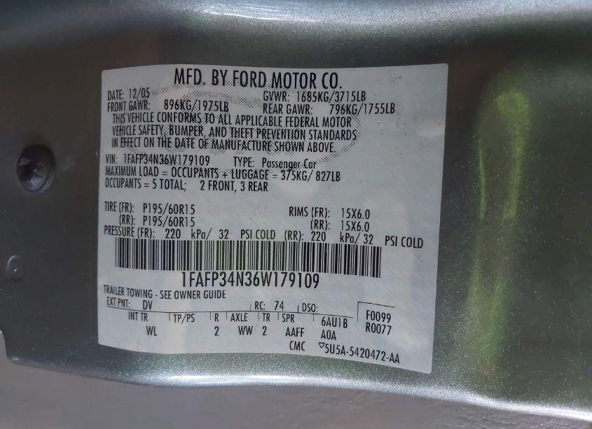 Photo 9 of 2006 Ford Focus ZX4 (VIN 1FAFP34N36W179109)