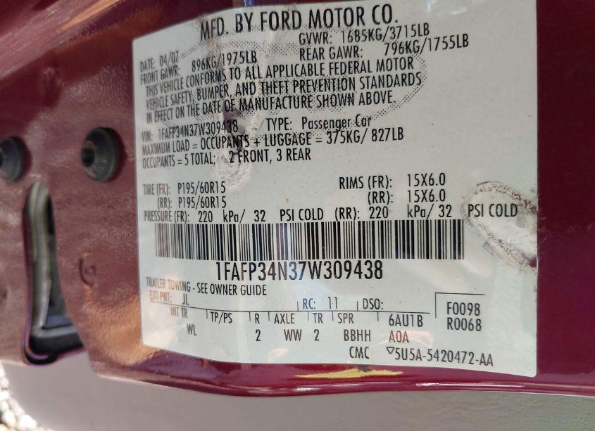 Photo 9 of 2007 Ford Focus S/SE/SES (VIN 1FAFP34N37W309438)