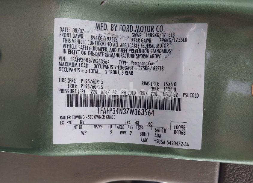 Photo 9 of 2007 Ford Focus S/SE/SES (VIN 1FAFP34N37W363564)