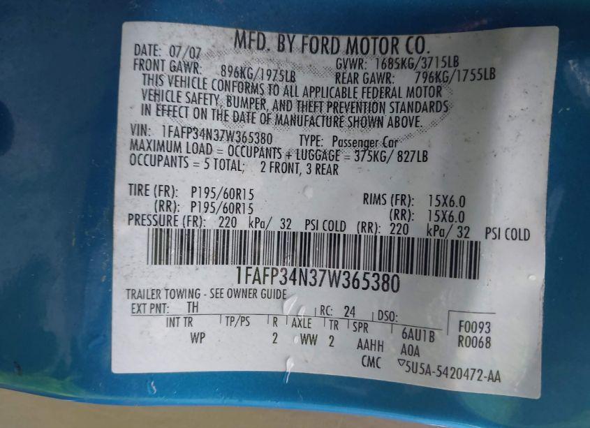 Photo 9 of 2007 Ford Focus S/SE/SES (VIN 1FAFP34N37W365380)