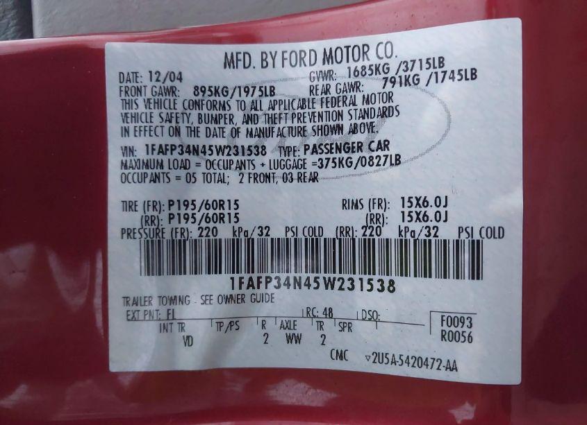 Photo 9 of 2005 Ford Focus ZX4 (VIN 1FAFP34N45W231538)