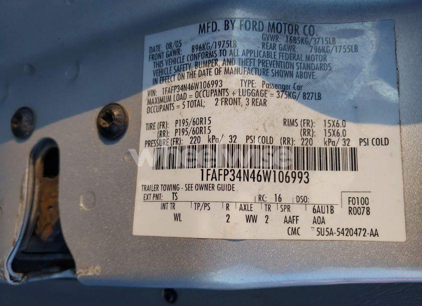 Photo 9 of 2006 Ford Focus ZX4 (VIN 1FAFP34N46W106993)