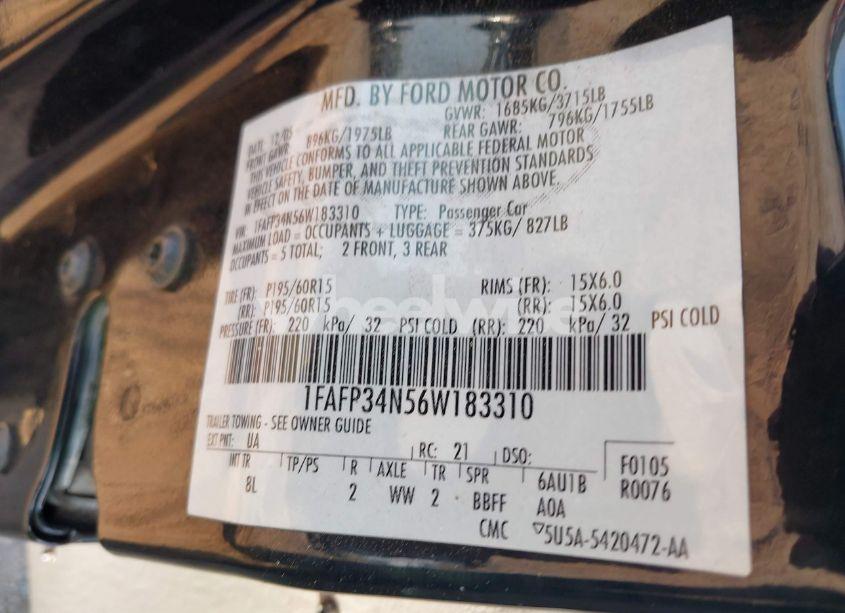 Photo 9 of 2006 Ford Focus ZX4 (VIN 1FAFP34N56W183310)