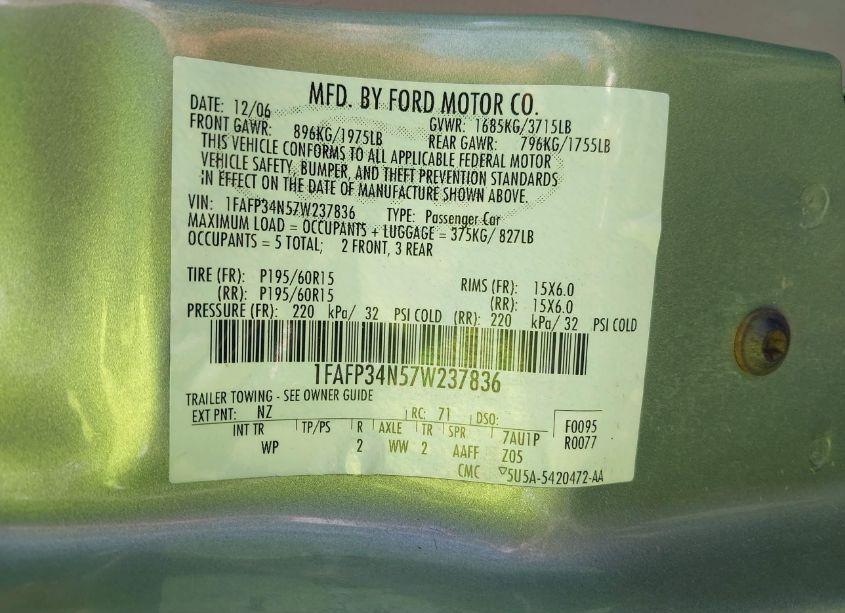 Photo 9 of 2007 Ford Focus S/SE/SES (VIN 1FAFP34N57W237836)