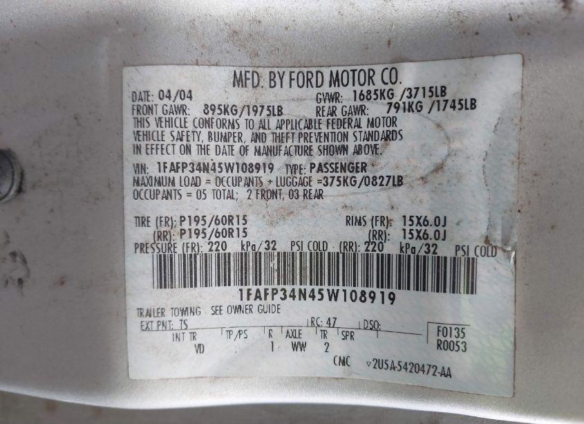 Photo 9 of 2005 Ford Focus ZX4 (VIN 1FAFP34N65W134910)