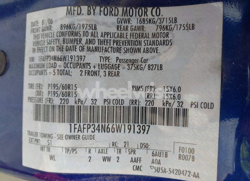 Photo 9 of 2006 Ford Focus ZX4 (VIN 1FAFP34N66W191397)