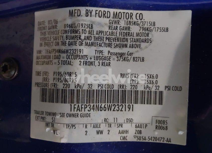 Photo 9 of 2006 Ford Focus ZX4 (VIN 1FAFP34N66W232191)