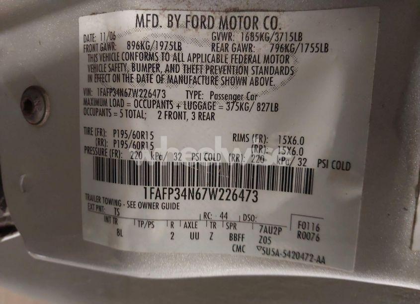 Photo 9 of 2007 Ford Focus S/SE/SES (VIN 1FAFP34N67W226473)