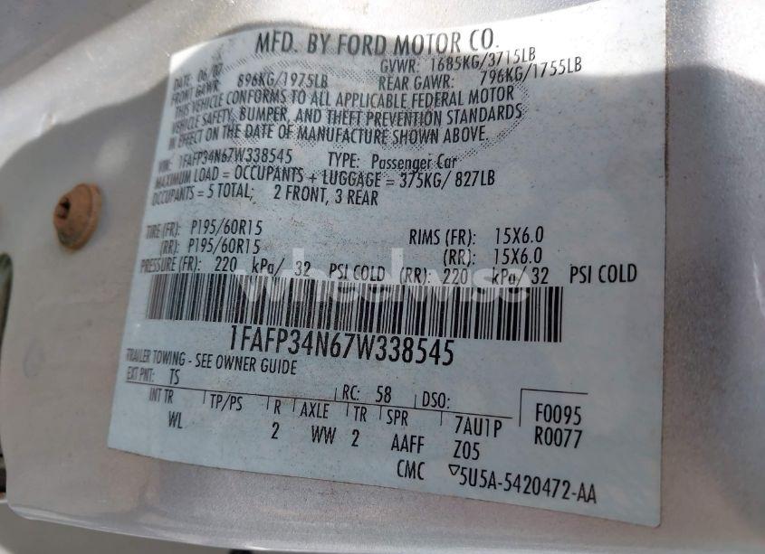 Photo 9 of 2007 Ford Focus S/SE/SES (VIN 1FAFP34N67W338545)