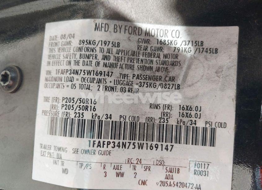 Photo 9 of 2005 Ford Focus ZX4 (VIN 1FAFP34N75W169147)