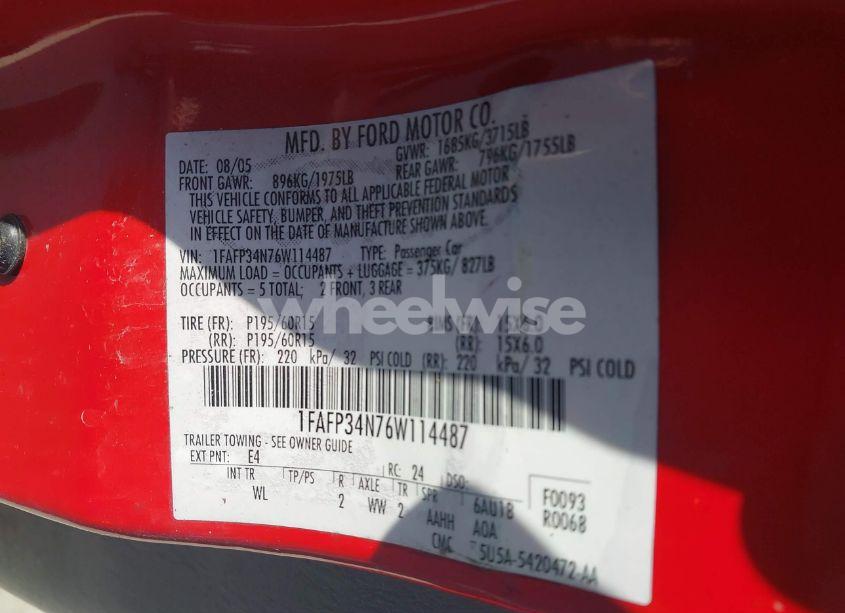 Photo 9 of 2006 Ford Focus ZX4 (VIN 1FAFP34N76W114487)