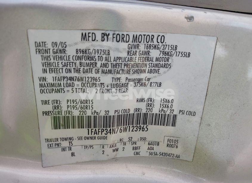 Photo 9 of 2006 Ford Focus ZX4 (VIN 1FAFP34N76W123965)