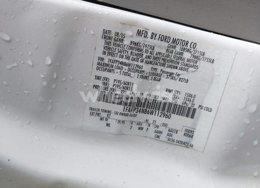 Photo 9 of 2006 Ford Focus ZX4 (VIN 1FAFP34N86W112960)